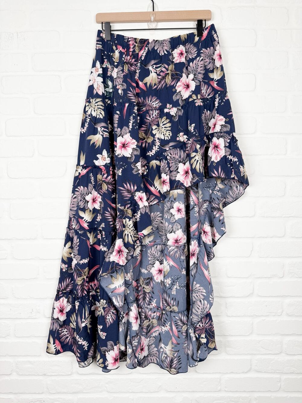 BTFBM Floral High Low Maxi Skirt Navy Pink Tropical Tiered Ruffle NWT L